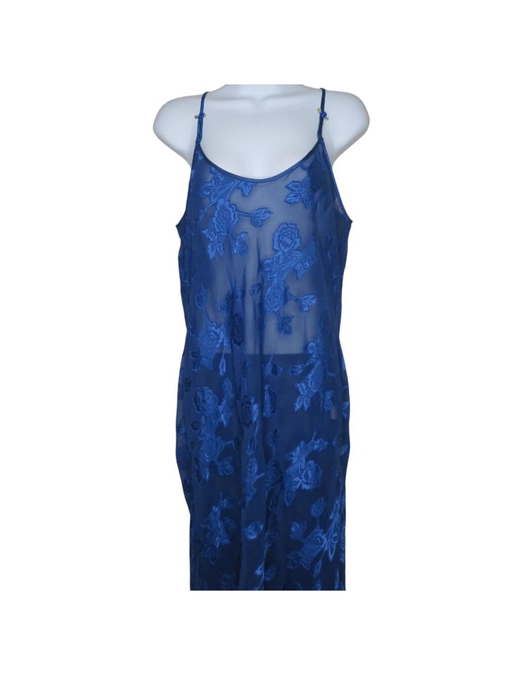 Vintage Delicates Sheer Blue Floral Slip Nightgown L Spaghetti Straps Lingerie